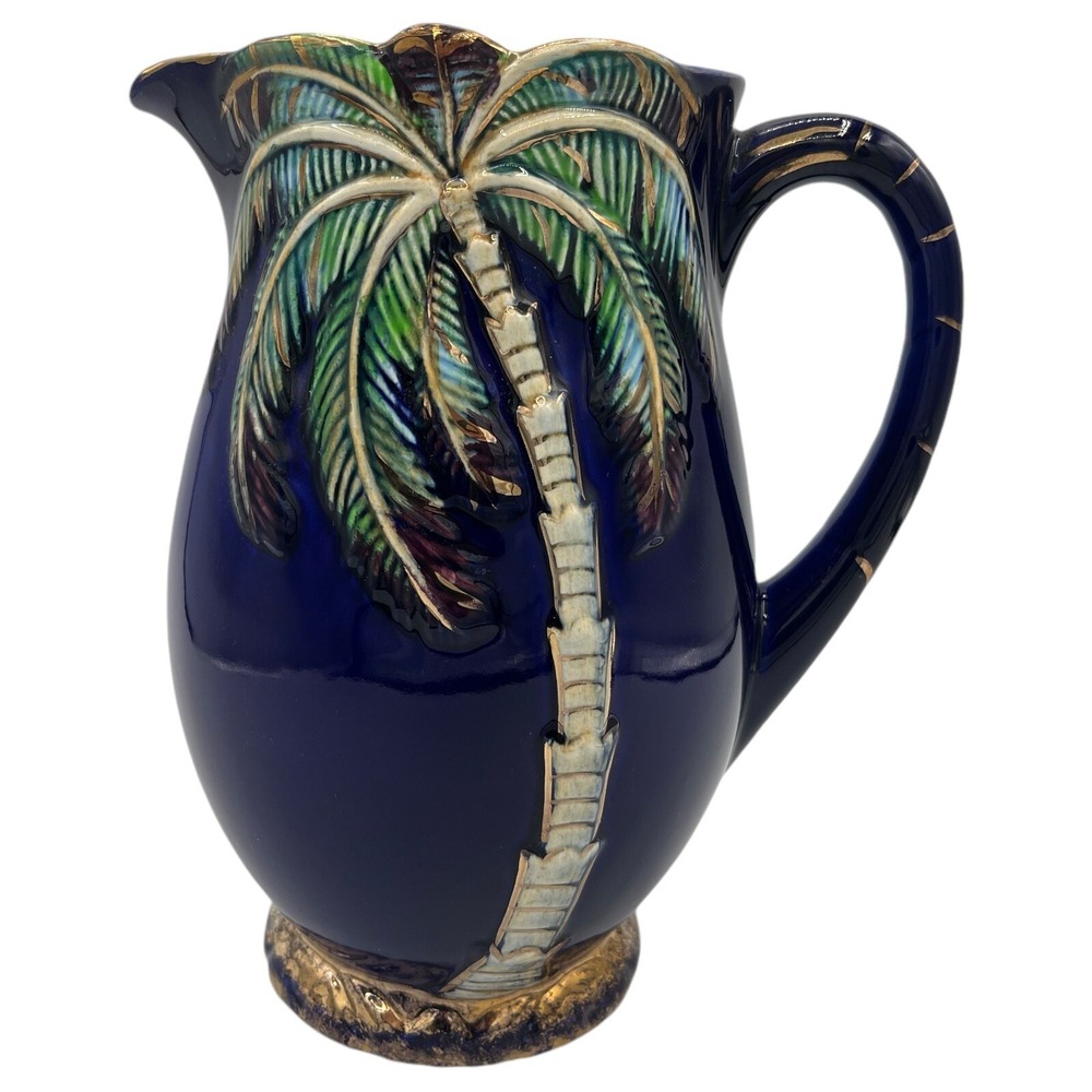 Beswick Cobalt Blue Palm Tree Pitcher Jug 8 1/2" #1073 Vintage Ceramic